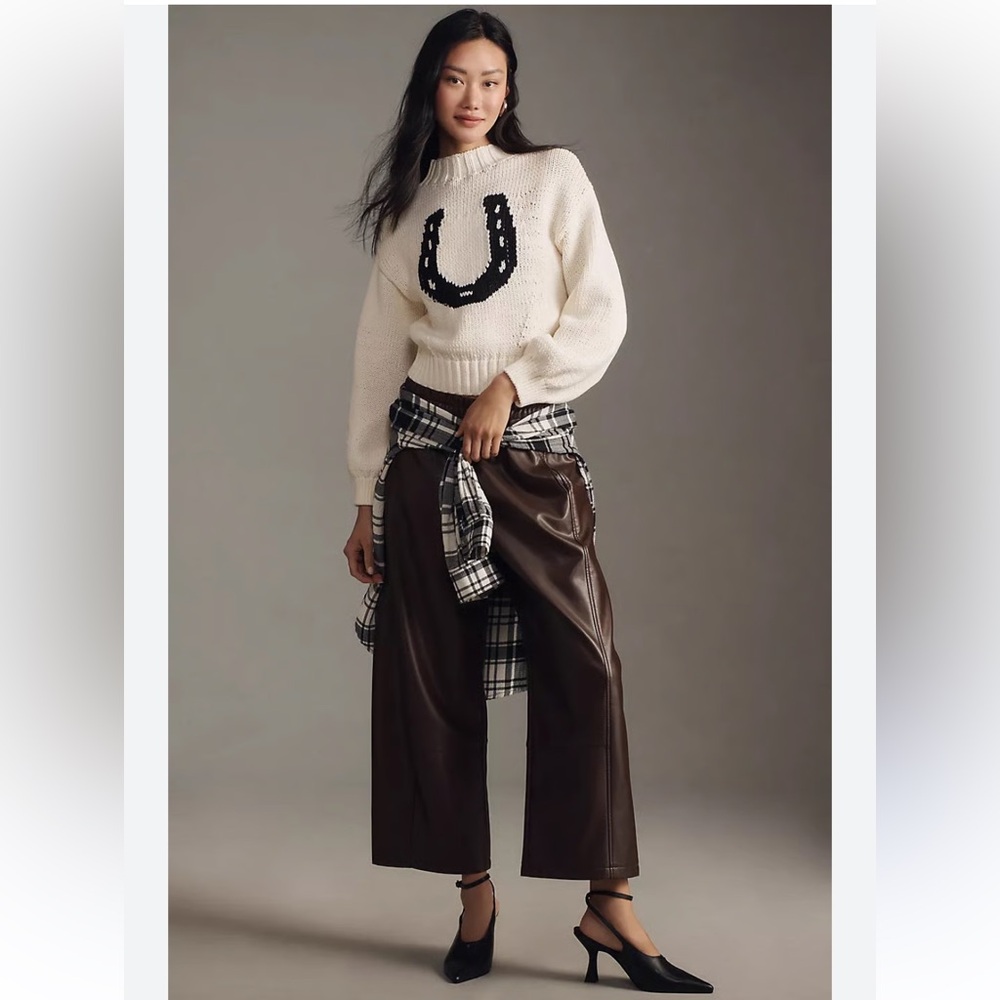 NWT RARE Anthropologie Pippa Mock Neck Icon Horse Sweater Crop Bubble Sleeve - M - Picture 2 of 11